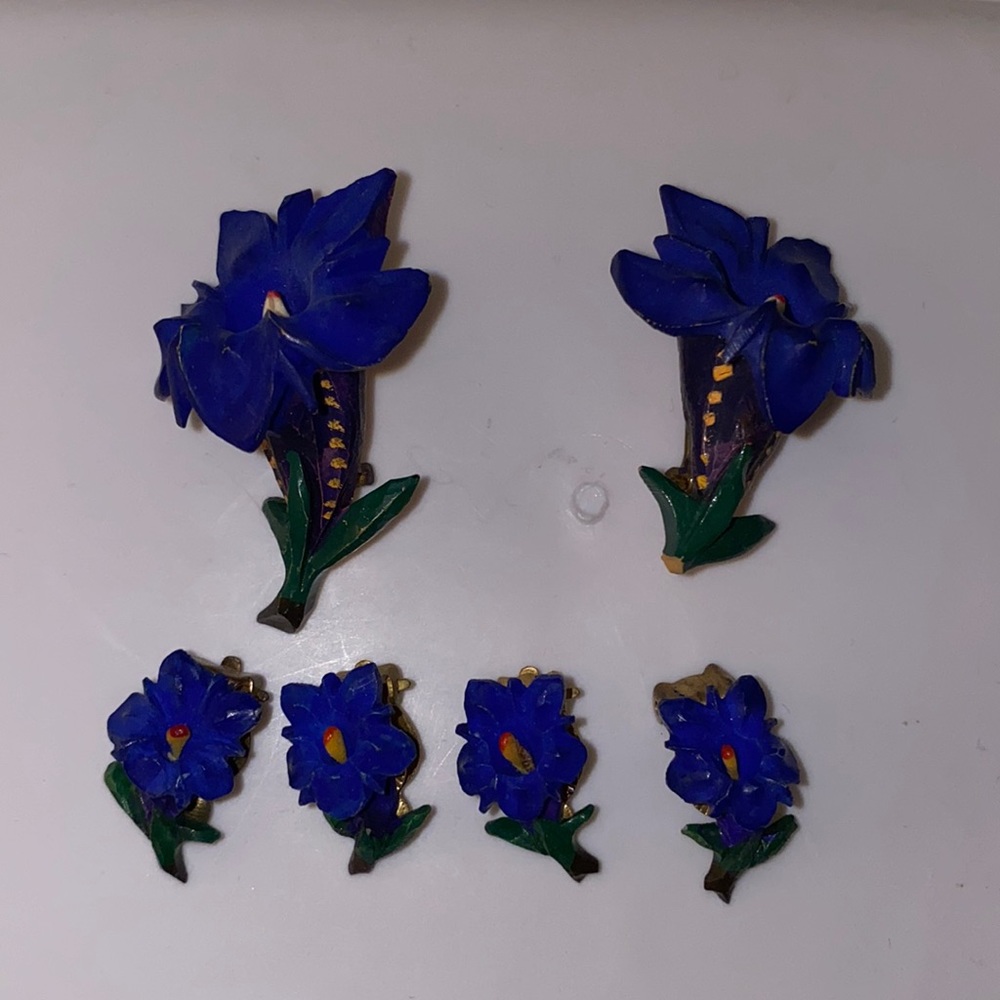 Vintage handcrafted violet purple iris earrings and pins
